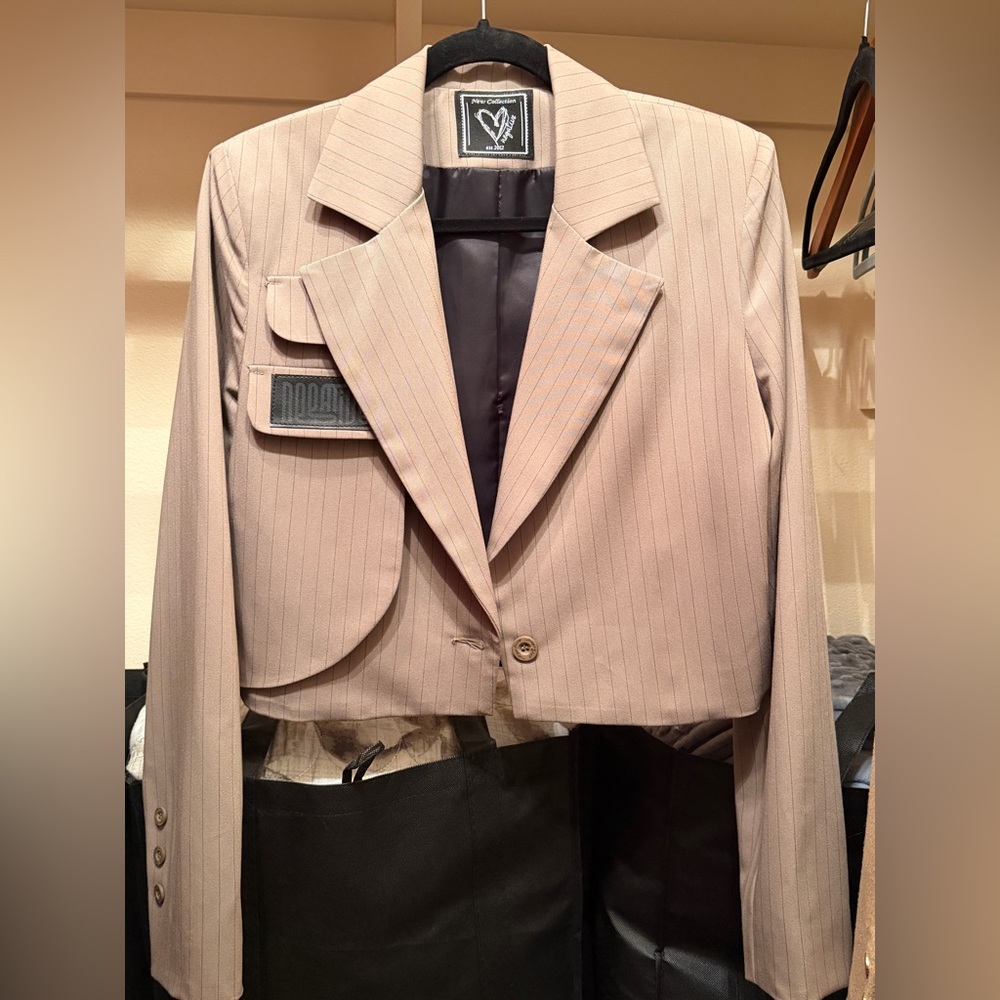 New Collection: Negative Cropped Pinstripe Blazer in Light Taupe. NWOT